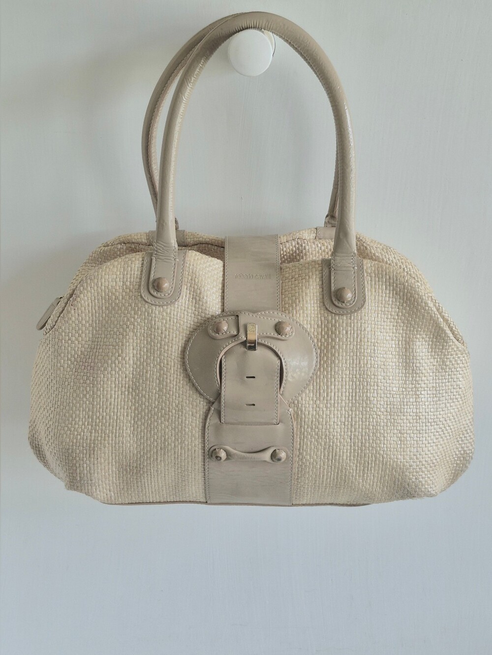 Roberto Cavalli Roma Natural Raffia Effect Weave Satchel with Beige Leather Trim